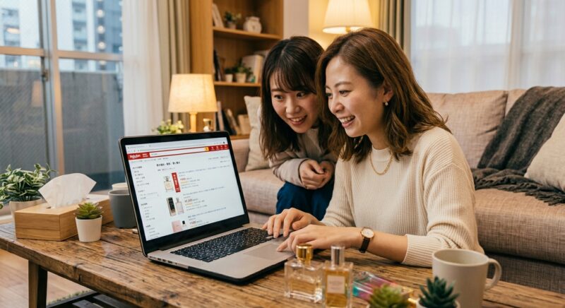 自宅でノートパソコンを見ながらネット通販で安い香水を検索する女性2人