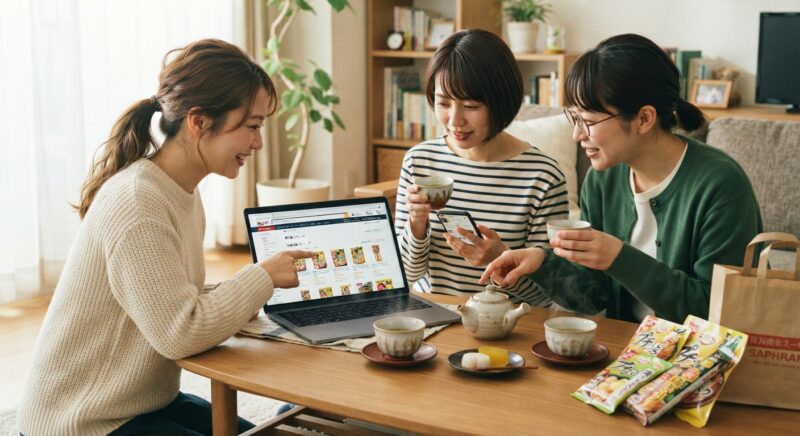 リビングでパソコン画面を見ながらネット通販の赤から鍋の素を探してお茶を飲む女性グループ