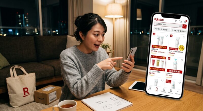楽天市場でドゥーホワイトの価格や販売条件を検索する女性