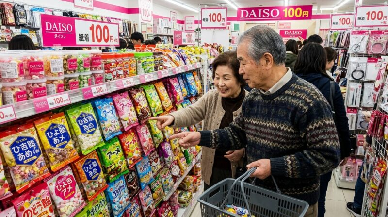 100円ショップの店内でお菓子を選んでいるシニア夫婦