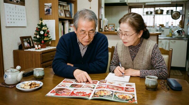 カタログを見ながら家族で食べるクリスマスケーキを相談する老夫婦
