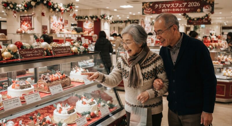 クリスマスフェア2026の新作ケーキをショーケース越しに見る老夫婦
