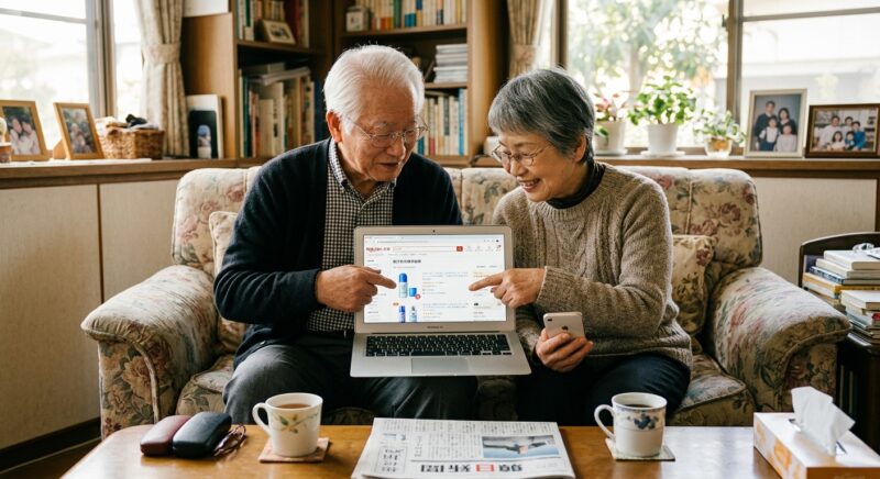 リビングでノートパソコンを見ながらネット通販でイニオスプラスを検索・比較している高齢の夫婦