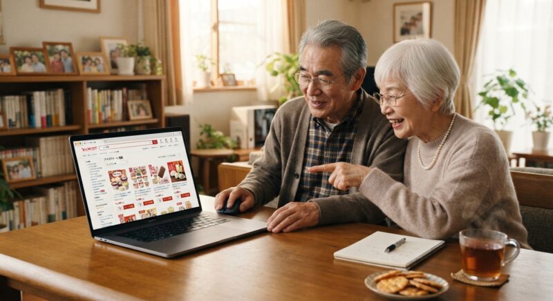 自宅のパソコンでハーゲンダッツ福袋の販売情報を調べる夫婦
