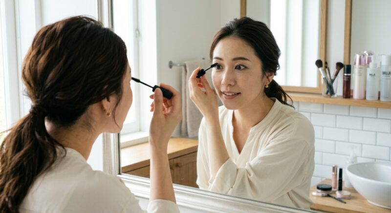 洗面所の鏡を見ながらマスカラを使ってメイクする女性