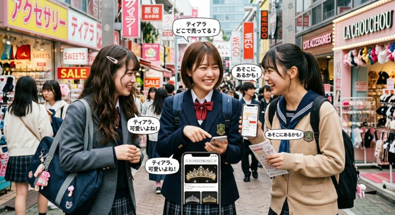 スマートフォンでティアラの販売店や近くのアクセサリーショップを検索する女子学生たち