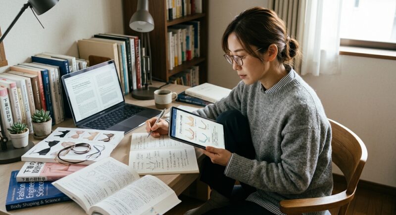 本棚のあるデスクでラップトップ、タブレット、本、ノートを使って下着のデザインについて勉強する女性。