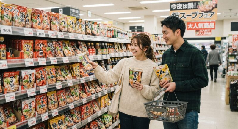 スーパーの売り場でかごを持ちながら赤から鍋の素を手にとって楽しそうに話す若い夫