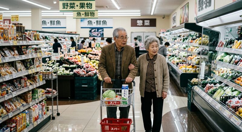 スーパーの店内をカートを押しながら歩き商品を選ぶ高齢の夫婦