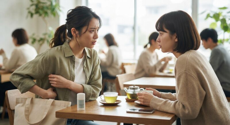 カフェで友人に脇の汗や体臭の悩みにイニオスプラスの効果喋っている女性の様子