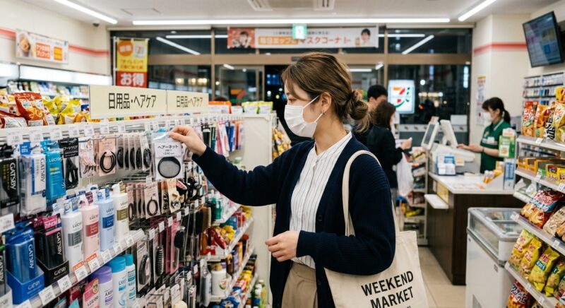 コンビニエンスストアの日用品・ヘアケアコーナーで、陳列棚からヘアネットを探して手に取るマスク姿の女性
