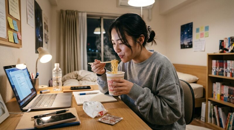 夜の自室デスクでパソコン作業をしながらカップ麺を食べる若い女性