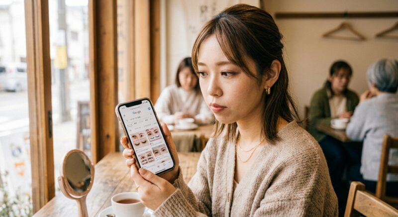 スマートフォンでまつげ関連の美容用品を検索する女性