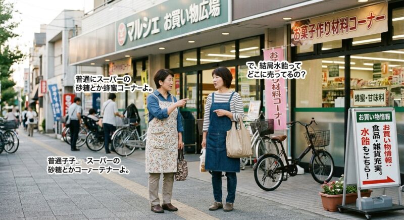 スーパーの店頭で水飴を探す場所について相談する女性たち