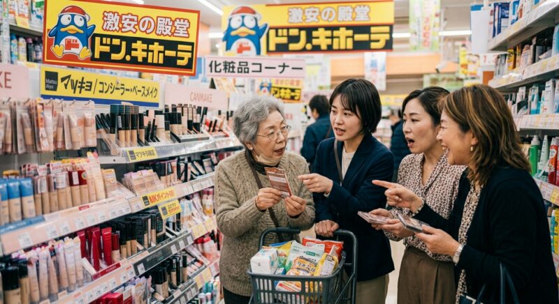 ドンキの化粧品売り場でコスメを選ぶ女性たち