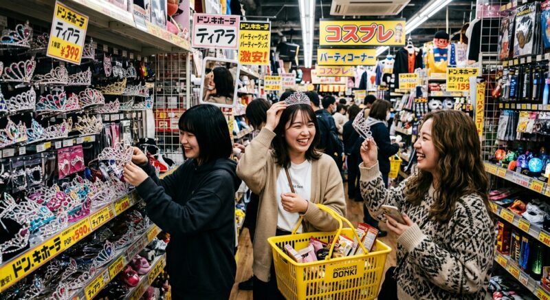 バラエティショップのパーティーグッズ売り場でティアラを試着しながら選ぶ女性たち