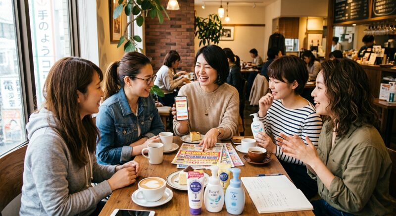 カフェで洗顔料のお得な買い方やおすすめ商品について話し合う女性グループ
