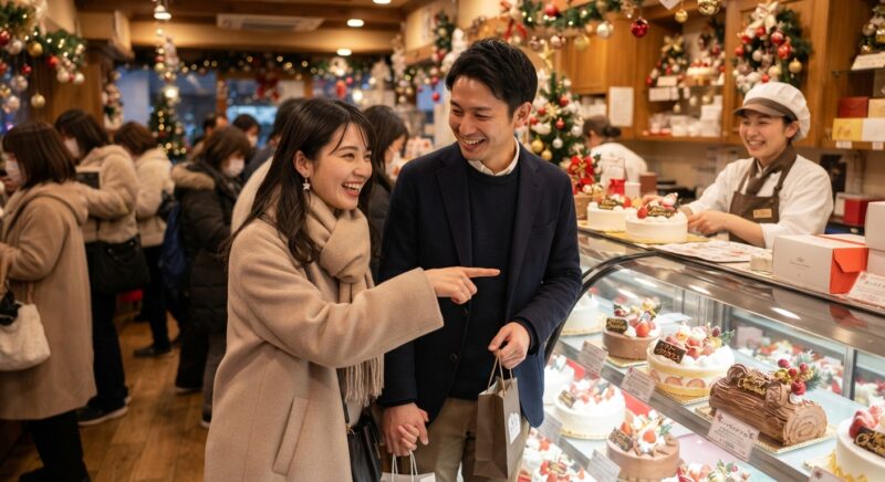 クリスマス当日にケーキショップでショーケースを見ながらケーキを選ぶ若夫婦