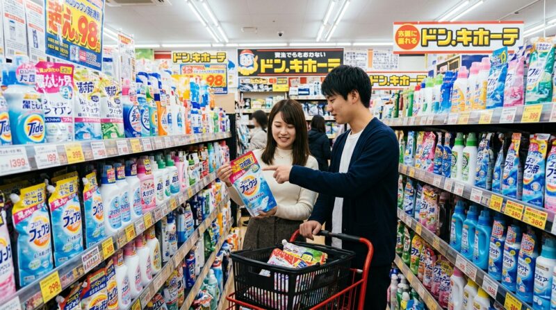 洗剤売り場で詰め替え用の洗剤を見比べながら買い物をする若い夫婦