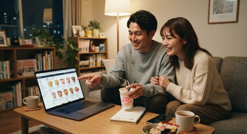 ノートパソコンの画面でカップ麺を検索しながら笑顔で話し合う若夫婦