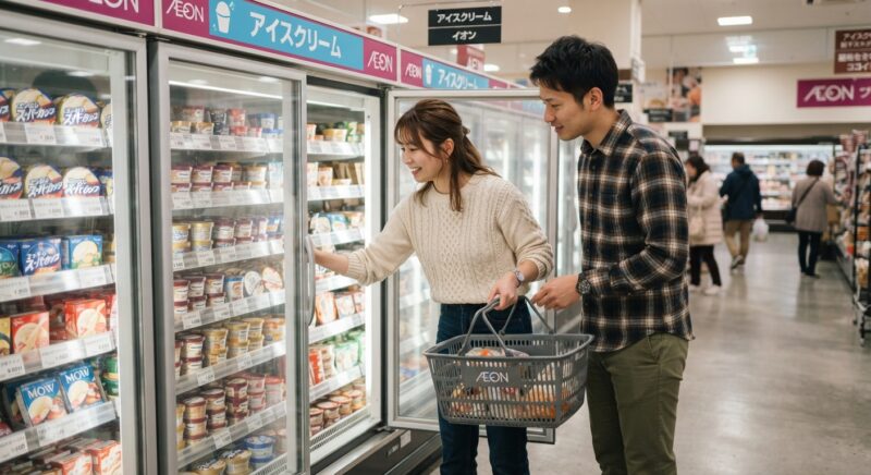 イオンのアイスクリーム売り場でハーゲンダッツを探す若い夫婦