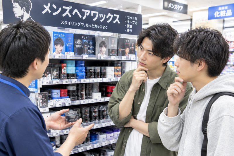 ドラッグストアで店員にメンズヘアワックスの選び方を相談する若い男性たち