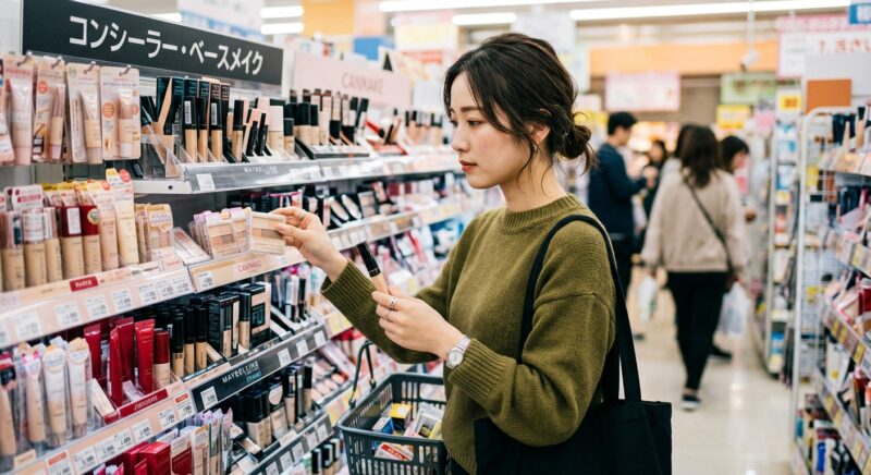 マツモトキヨシの化粧品売り場でコンシーラーを探す女性